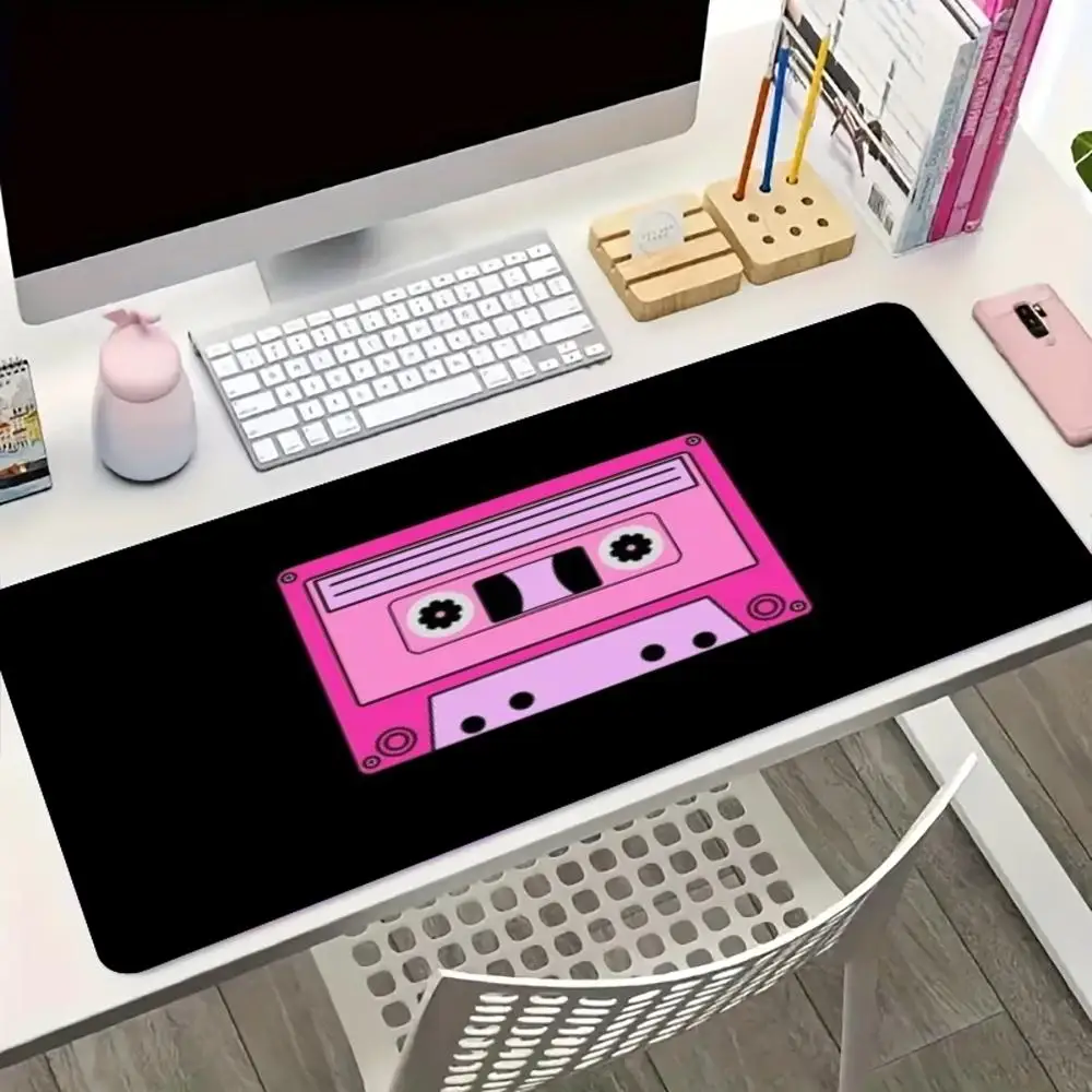 Pink Retro Cassette Tape Large Extended Gaming Mouse Pad Non Slip Desk Mat Gothic Rose Butterfly Pattern Keyboard Desk Mat