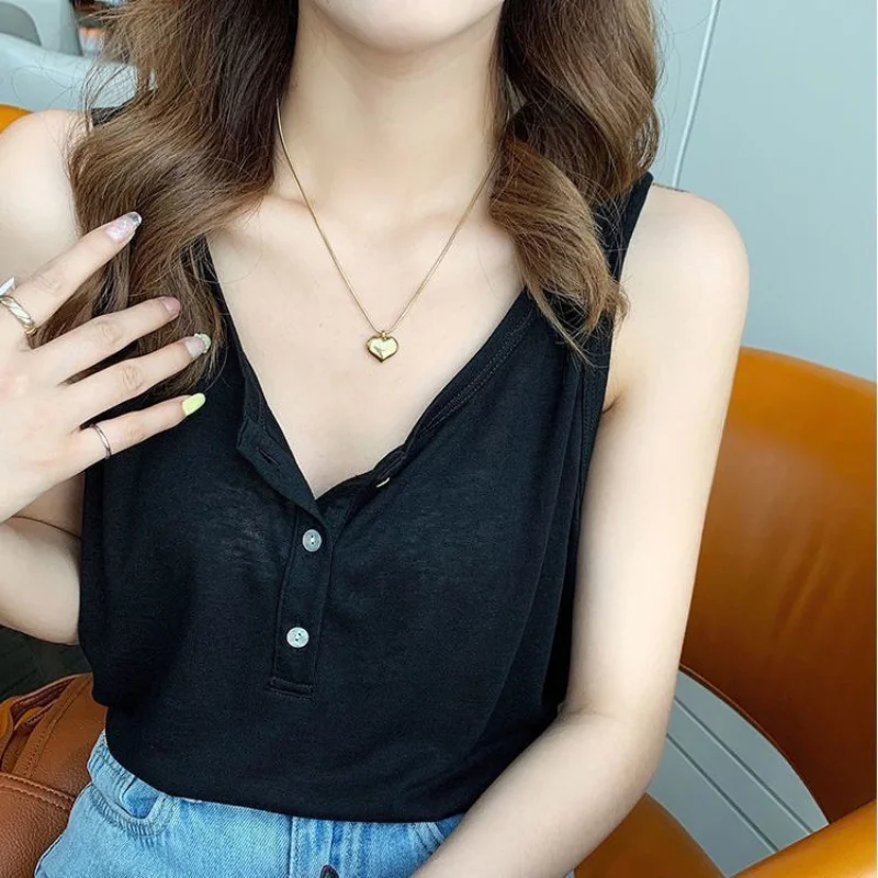 New Korean Solid Loose Tank Top for Women\'s Button Sleeveles Thin Loose Simplicity Casual T Shirts Fashion Harajuku Clothing