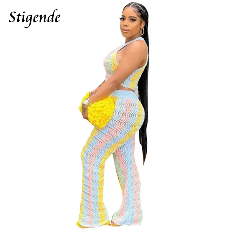 Stigende Striped Wave Knit Two Piece Set Women Hollow Out Crop Tank and Pants