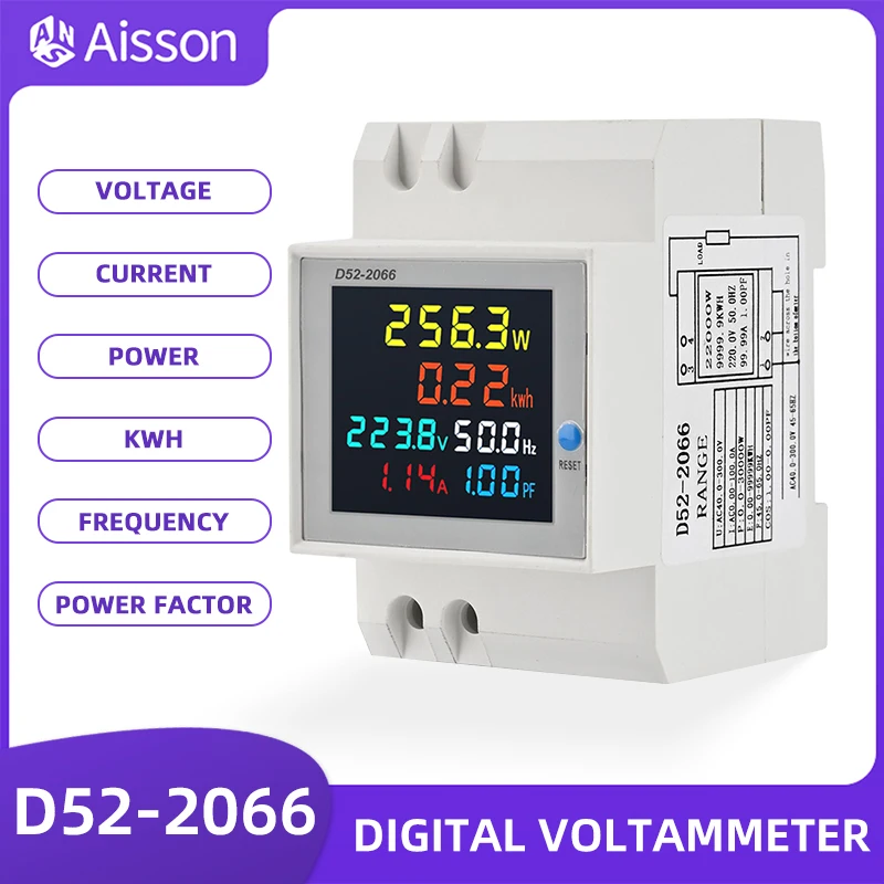 6IN1 Din Rail Display Smart Energy Meter 110V 220V 380V 100A AC Monitor Voltage Current Power Frequency Power Factor VOLT AMP