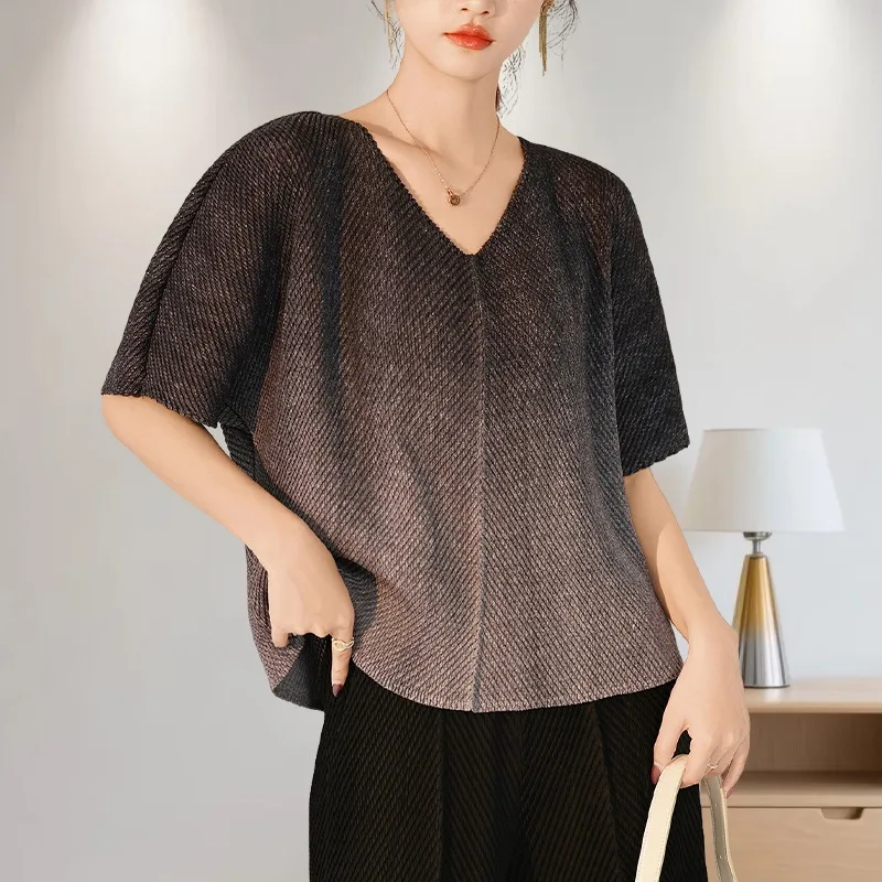 

Miyake Pleated Top Gradient Color Tee Simple Loose Formal Occasion Wear Casual Big Stretch Women's Clothing Wrinkle-Free 2025