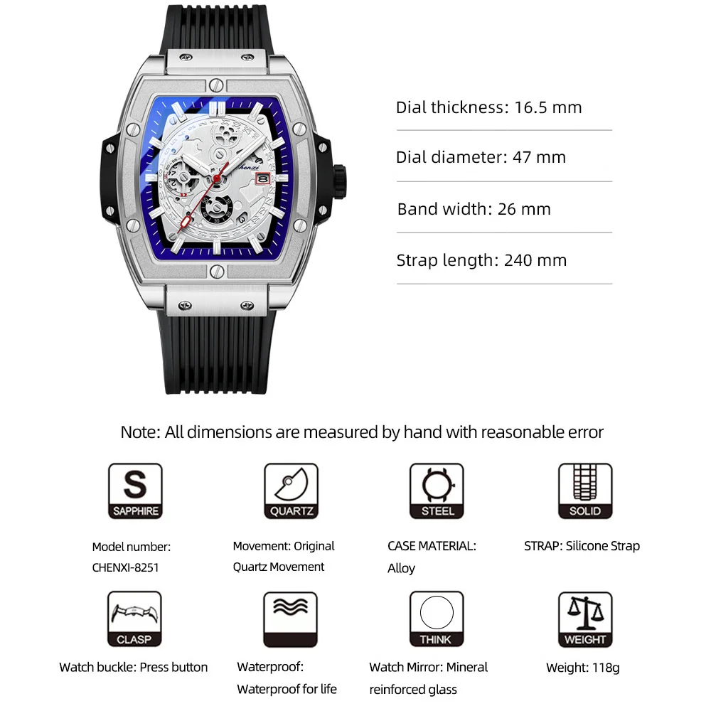 CHENXI 8251 Top Brand Popular Men Sports Watch Quartz  Waterproof Silicone Strap WristWatch New Fashion Men\'s Date Clock