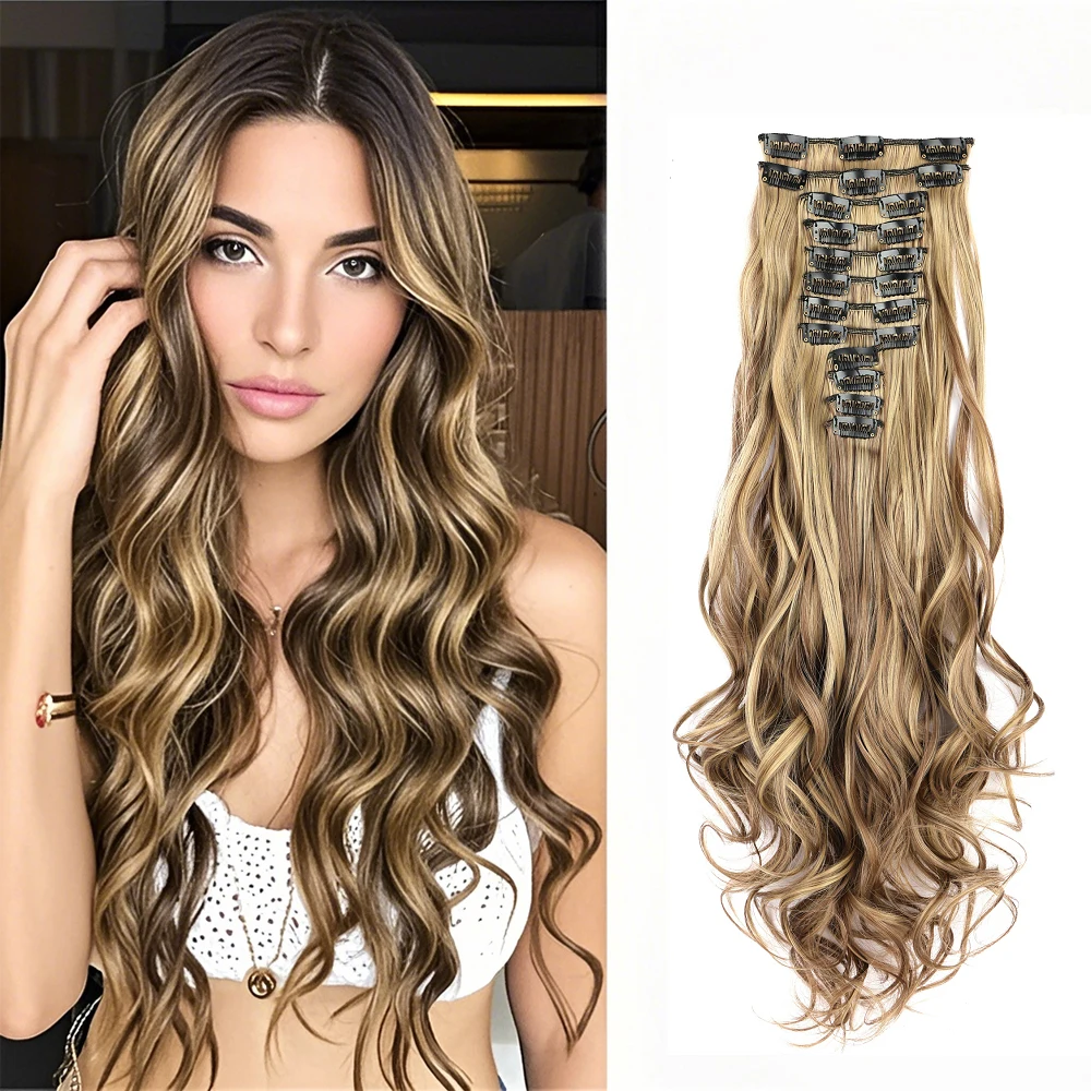 

12pcs/Set Synthetic Curly body wave 22-Clip-In Hair Extensions 22inch long Thick Hairpieces for Women wigs Hair Piece Extensions