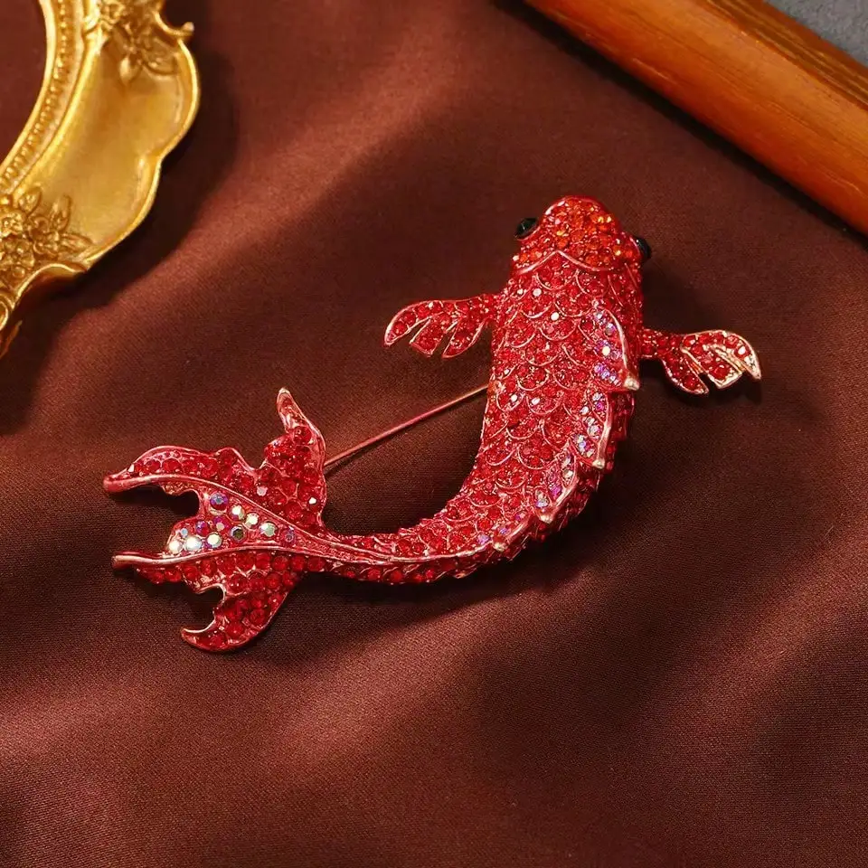 Trendy Rhinestone Red Big Carp Brooch for Women Goldfish Brooch Animal Pins Party Banquet Gifts