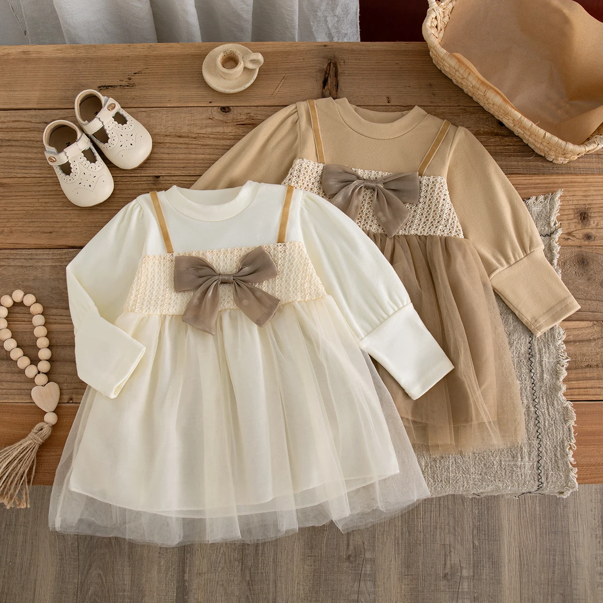 Autumn Baby Girl Long Sleeved Bow Dress Fake Two-Piece Princess Dress for Kids
