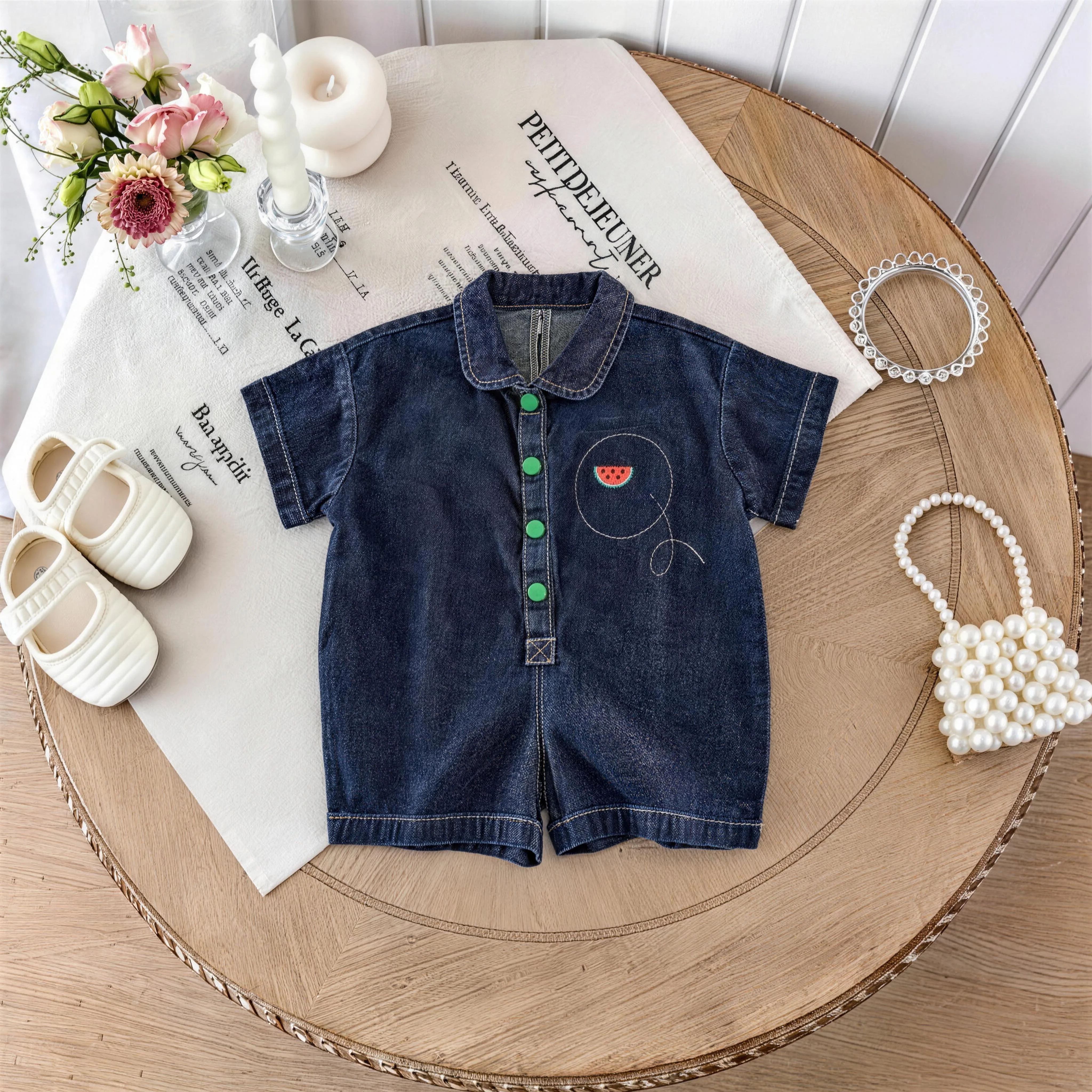 Baby One-Piece Summer Short-Sleeved Denim Outfit for Boys and Girls, New Style, Korean Version, Suitable for Outdoor Activities
