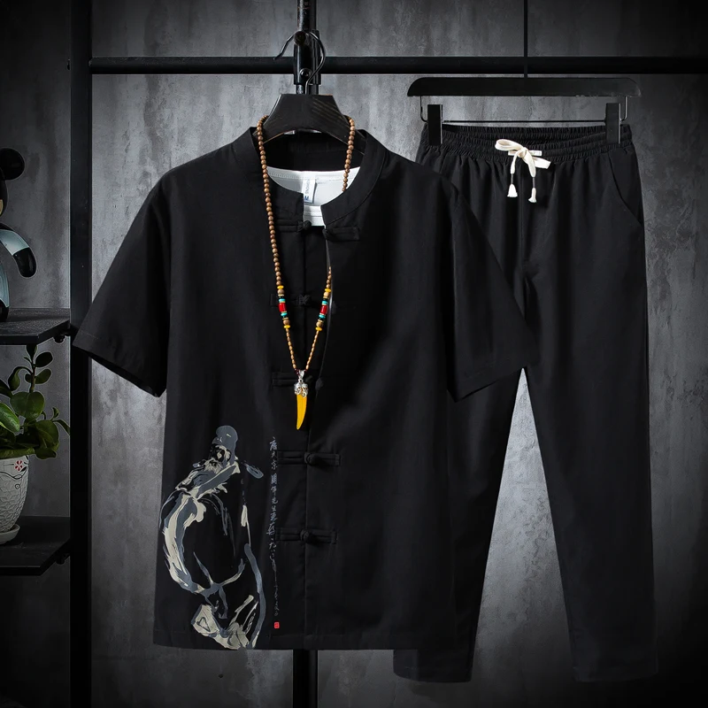 Summer Men Chinese Style Tang Suit Mens Traditional Tai Chi Retro V-neck Shirt +Pants Male Hanfu Sets Tracksuit Home