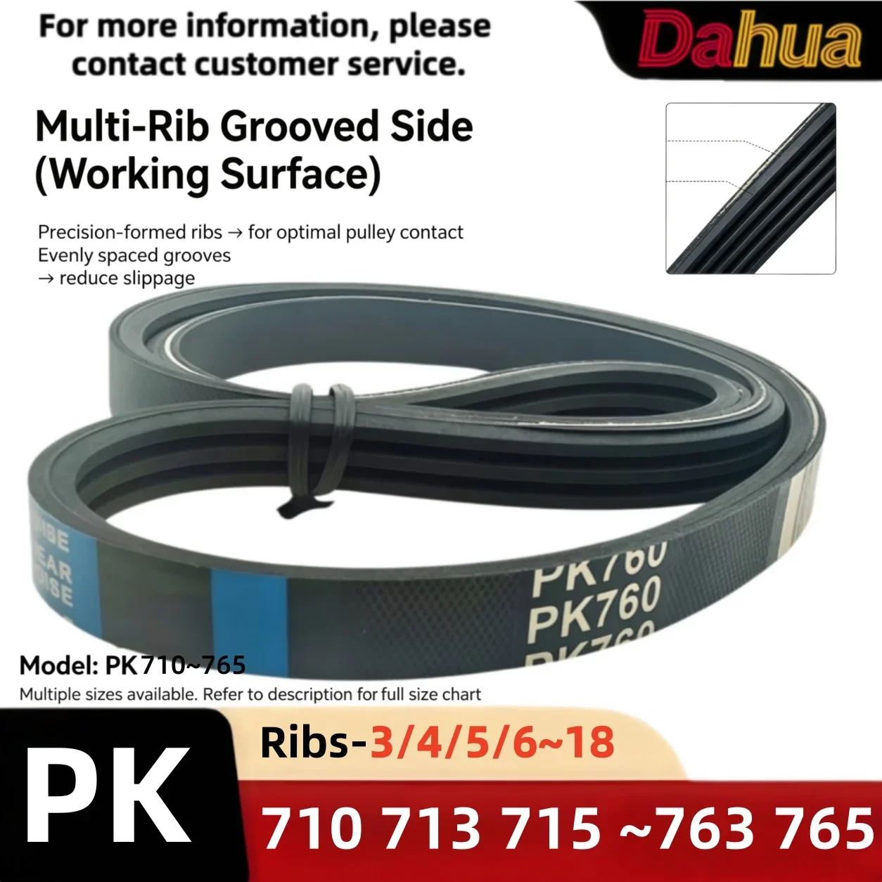 PK Multi-Rib Belt, Rubber Polyester, Heat & Wear Resistant, for Alternator, AC, Power Steering, Industrial Drive, PK710-PK765