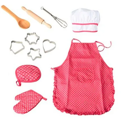 11pcs Kids Baking Apron Chef Dress Up Clothes Cooking Baking Tool Supplies Apron Gloves Hat Set Chef Kitchen Play House DIY Toys