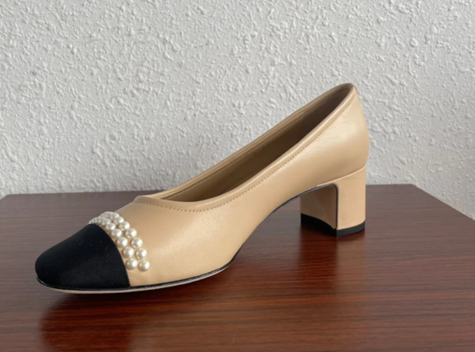 Beige real genuine leather low heels women shoes pointed toe thick heels pearl pumps