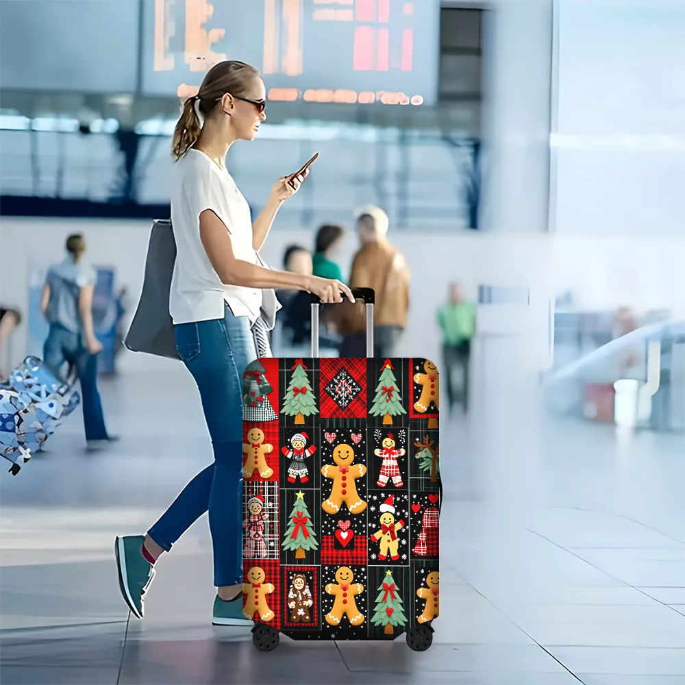 1PC Christmas Gingerbread Man Patchwork Print Luggage Cover for luggage sizes 18-32 inches; dust and elastic travel accessories