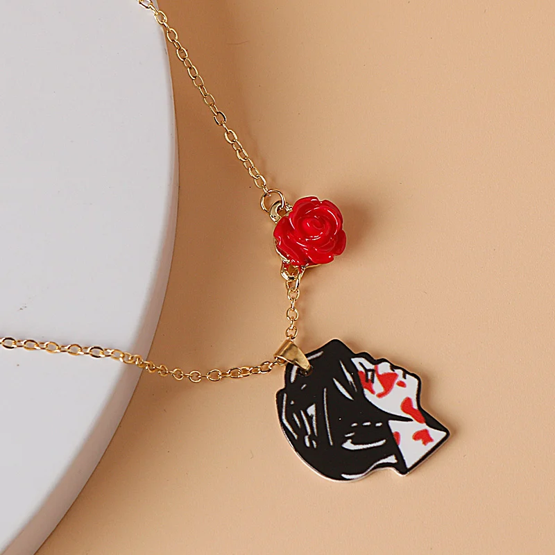Rock Band Fashion Rose Flower Couple Necklace Band MCR Woman and Men Asymmetrical Face Necklace Valentine\'s Day gift