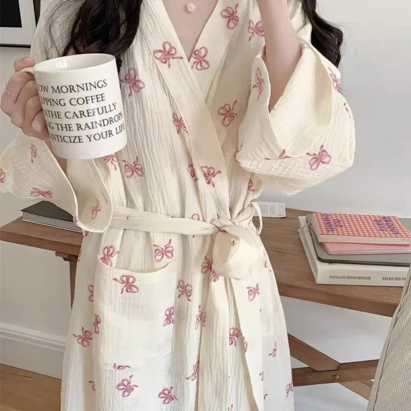 New Sleepwear for Women in Spring and Autumn Korean Simple and Comfortable Nightgown Pink Bow Loose Home Clothes Nightgown