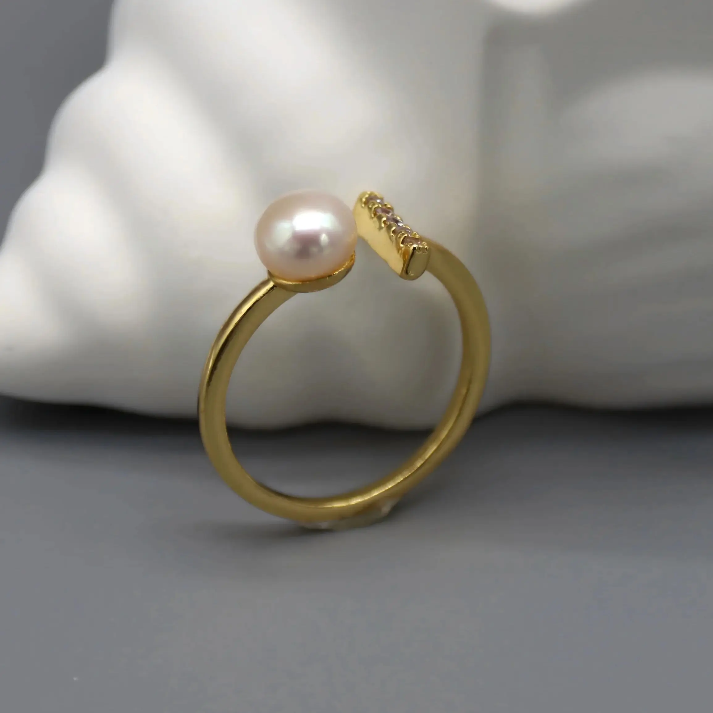 

JUNYE Freshwater Pearls And Zircon T-shaped Balance Beam High-end Personalized Versatile Exquisite Adjustable Ring with Gift Box
