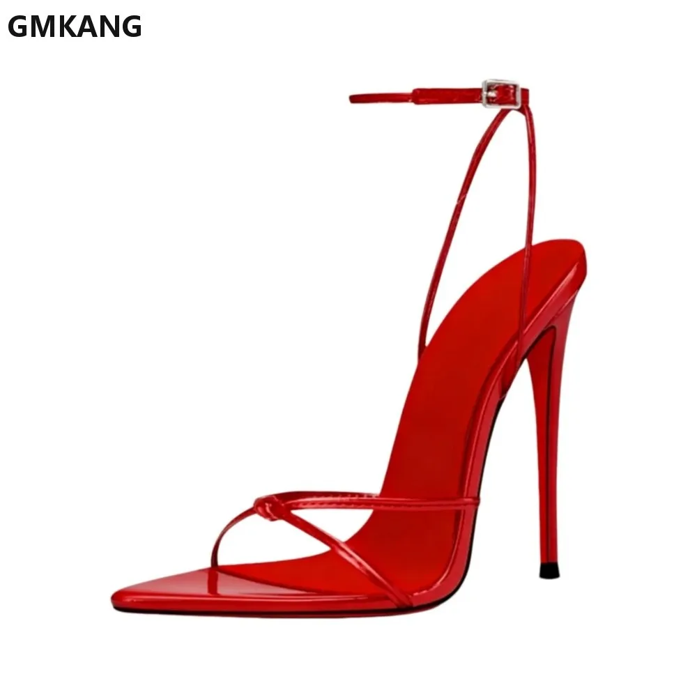GMKANG Women's Patent Leather Pointed Toe Stiletto Heel Sandals with Buckle & Open Toe, Summer Party Dress Shoes for Night