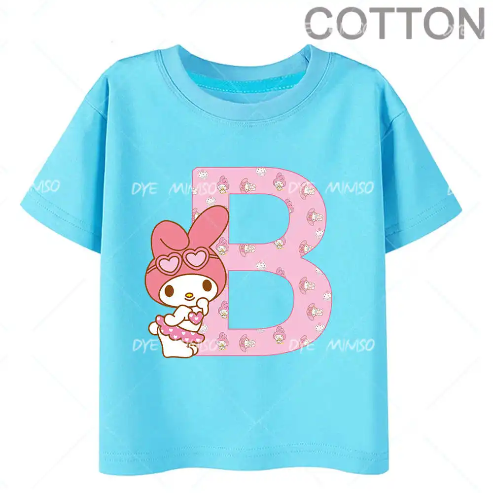 Blue Melody Anime Letter ABC Children's Short-sleeved New Sanrio Summer T-shirt Clothes Girly Heart Soft Clothes Kawaii Birthday