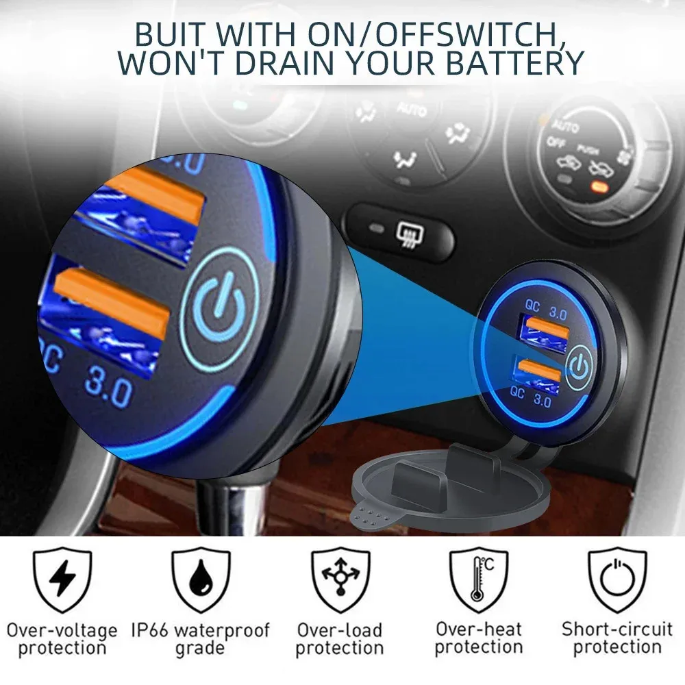 QC 3.0 Dual USB Fast Car Charger Socket 12V/24V Waterproof with LED Switch Light Car Motorcycle Fast Charging AdapterPowerSocket