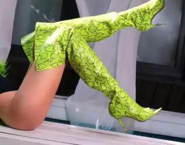 

Sexy Women Green Orange Pink Snakeskin Python Leather Pointed Peep Toe Over The Knee Boots Stiletto Heel Thigh Long Boots Lady
