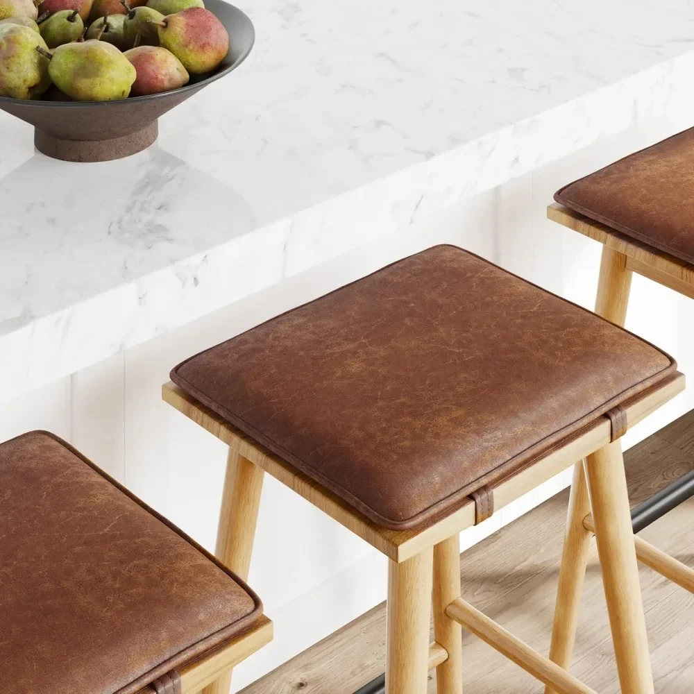 Classic Counter Height Wooden Bar Stool with Removable Leather Cushion for Kitchen Island, 24 Inch Backless Seat