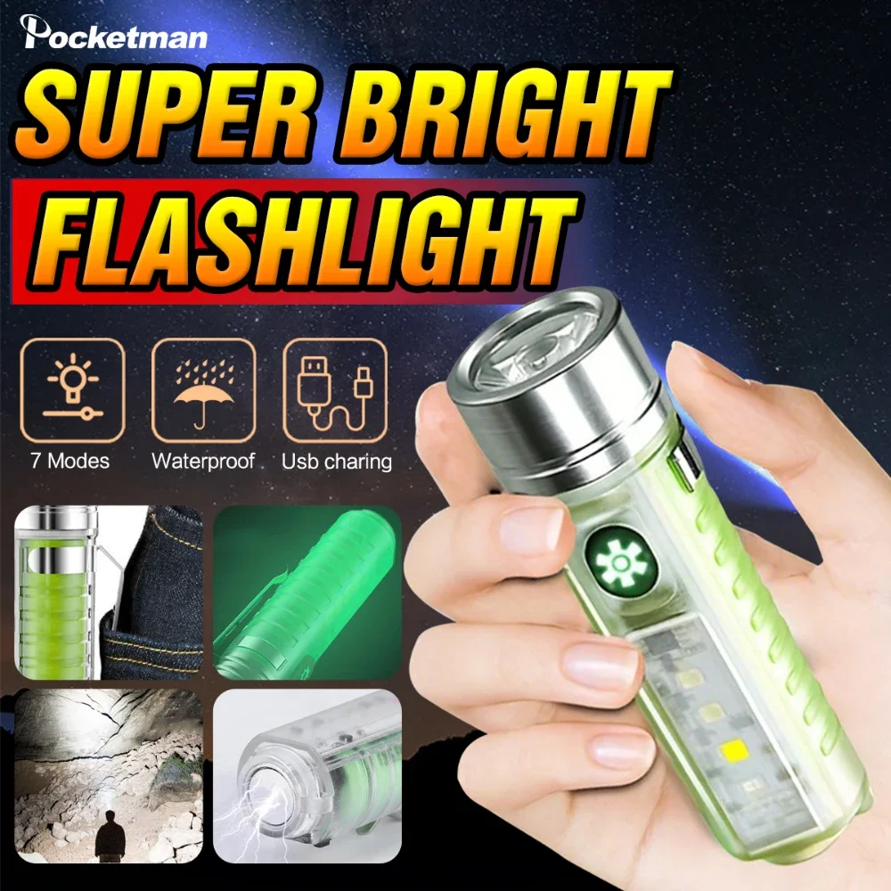 Super Bright LED Flashlight Red/Blue Light USB Rechargeable Torch Multifunctional Emergency Light Outdoor Waterproof Flashlights