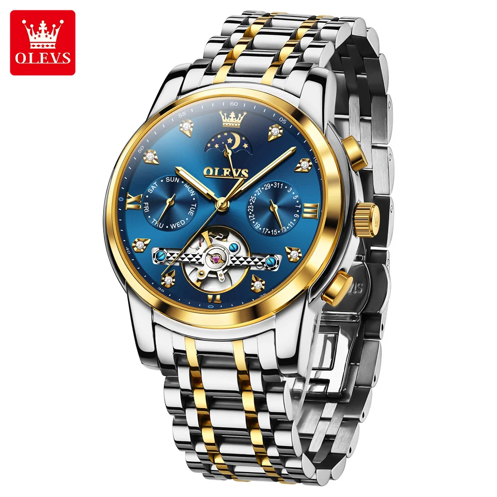 

OLEVS Watches Man Business Moon Phase Luxury Automatic Mechanical Watch For Men Waterproof Stainless Steel Week Date Clock 6678
