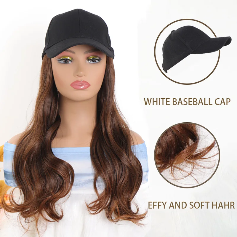 Long Wavy Synthetic Wig Baseball Cap with Hair extensions Hat Wigs Bone Natural Black Brown Blonde Connect Wig Adjustable