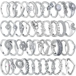 100% 925 Sterling Silver Flower Princess Crown Heart Clear Zircon Sparkling Wishbone Silver Color Pantaro Rings Fashion Jewelry