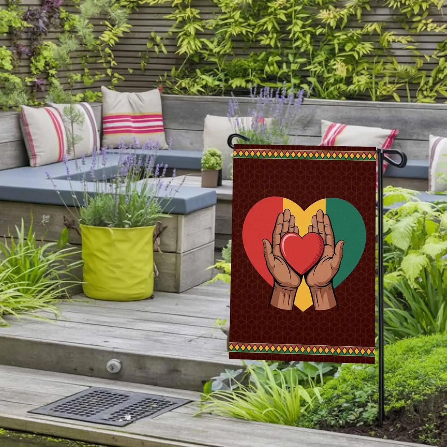 Black History Month Garden Flag for Outside, Vintage Red Yellow Green Love Heart in Hands Brown 12x18 Inch Double Sided, Wea ZZM
