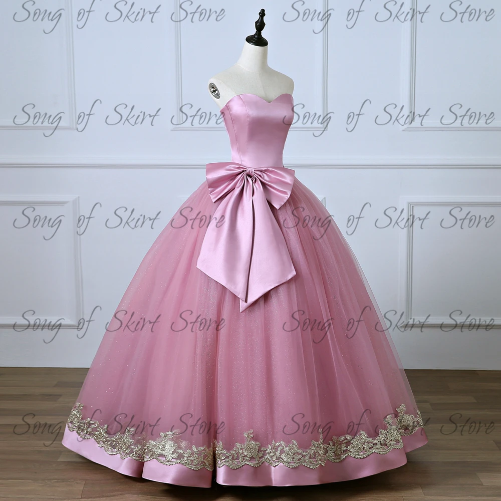 Personalizado rosa sem alças uma linha quinceanera vestido de ouro renda organza longo vestido de baile glitter simples vestidos de festa vesti