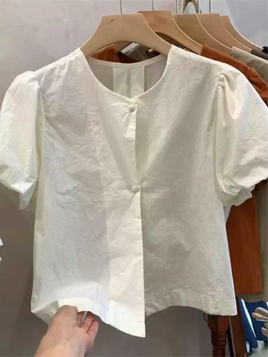 Dopamine Bubble Short Sleeve Shirt Women Summer Large Size Loose Fashionable Elegant Short round Neck Health Ring
