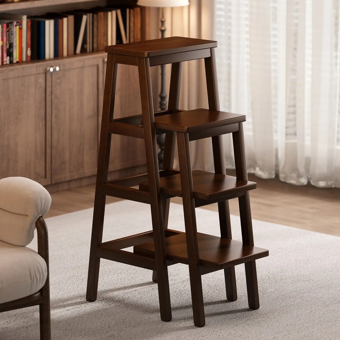 Sturdy Wooden 2 Step Stool Dark Brown Solid Wood Step Ladder For Adults Kids Kitchen Bedroom Space Saving Two Step Stool