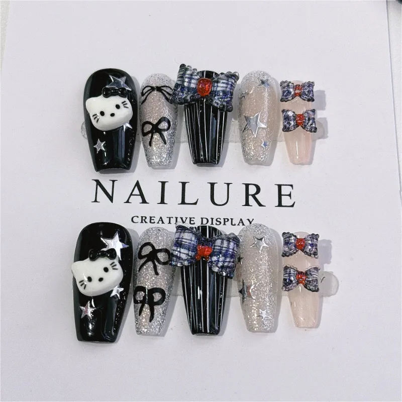 

10Pcs Sanrio Press on Fake Nails Black 3D Bow Kawaii Long Coffin Nails Handmade korean Nail Full Cover Cute Acrylic Nail Tips