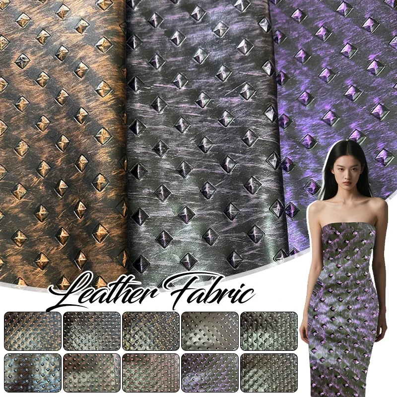ヴィンテージメタリックダイヤモンドエンボスレザー生地衣類コスチューム鎧-diy-縫製生地-3d-形状装飾合成皮革
