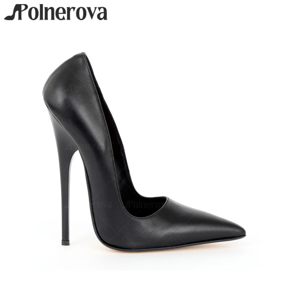 

Black Matte Leather Extreme Pumps Lacquered Empire-Heels Slip on Pumps Sexy Style Pointed Toe Stilettos 16cm Handmade High Heels