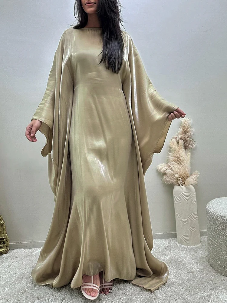 Robe Abaya en Satin Brcorporelle à Manches sulfpour Femme, Vêtement Modeste, Couleur Unie, avec Ceinture, Style Dubaï, Turc