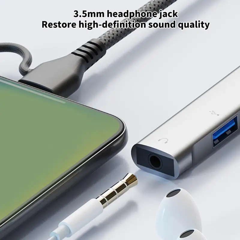 R53C Aluminum Alloys USB C Splitter Multiple Port Expansion Adapters Office Essential