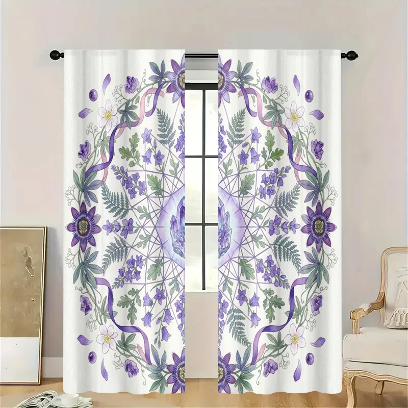 Decorative Floral Wreath Curtains Semi Sheer Window Panels Light Filtering Cottagecore Style Spring Mandalas Shower Curtain