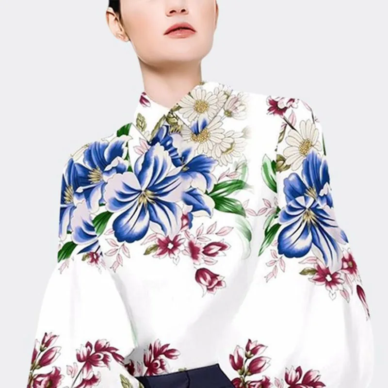 Elegant Blue and White Porcelain Slim Blouse Women Fashion Classic Puff Sleeve Polo Collar Lady Single-breasted Shirt