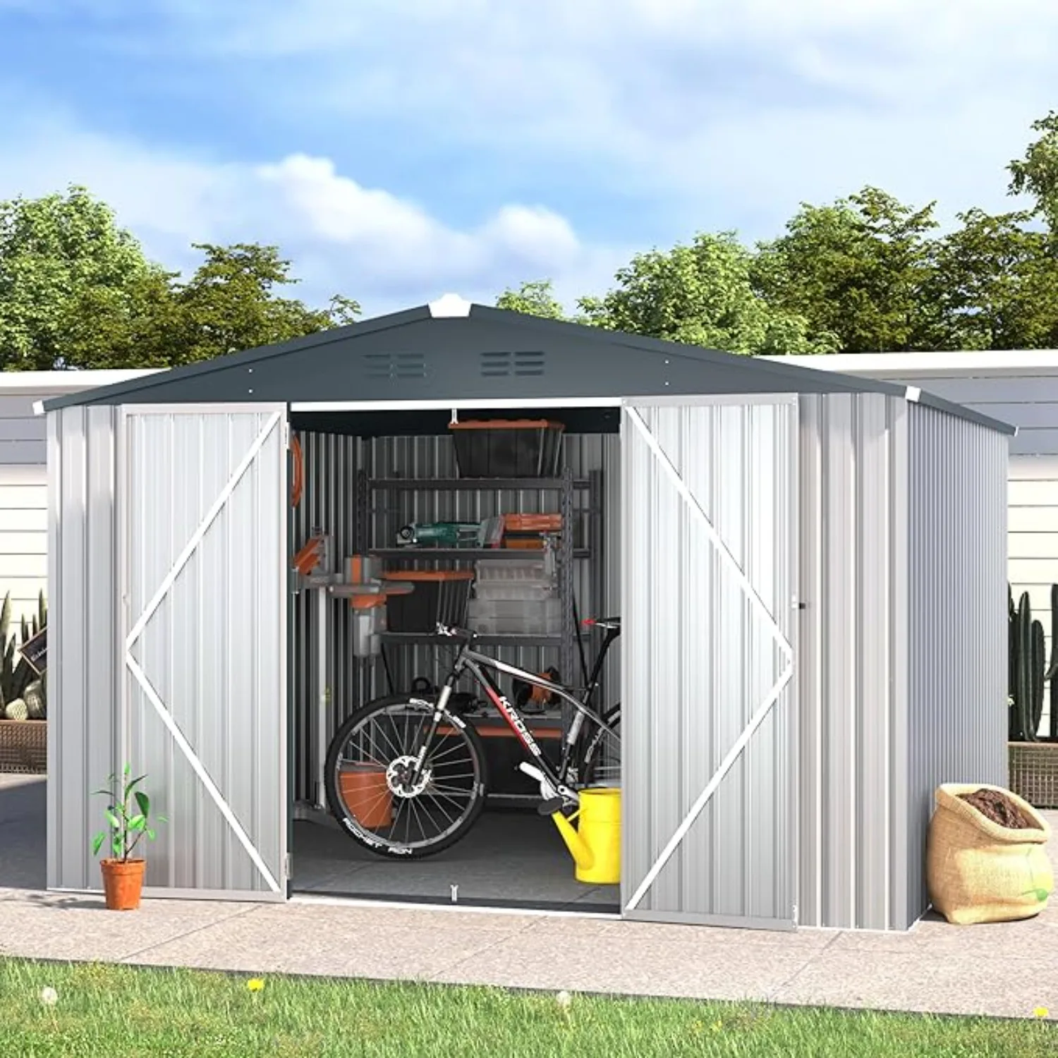 10'x10' Shed, Large Metal Storage Sheds & Outdoor Clearance, Steel Backyard Shed with Lockable Doors, Utility and Tool Storage