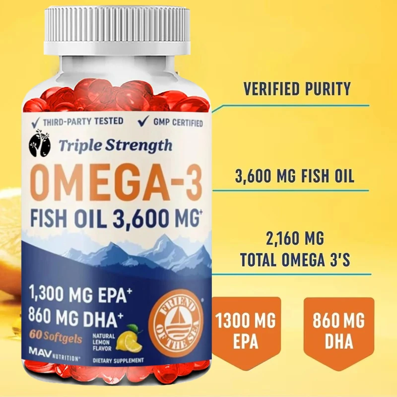 60 Count Fish Oil Capsules - over 2100mg Omega 3 with 1300mg EPA & 860mg DHA per Serving for Heart & Joint Health Support