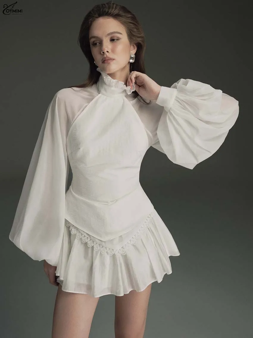 

Oymimi Elegant White Turtleneck Women's Shirt Fashion Ruffled Puff Sleeve Lace-Up Shirts Casual Lace Patchwork Blouse Streetwear