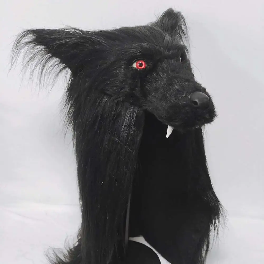 Long Red Eye Animal Cos Black Gray Wolf Cosplay Headgear Latex Mask Plush Integrated Cosplay Halloween Carnival Costume Props