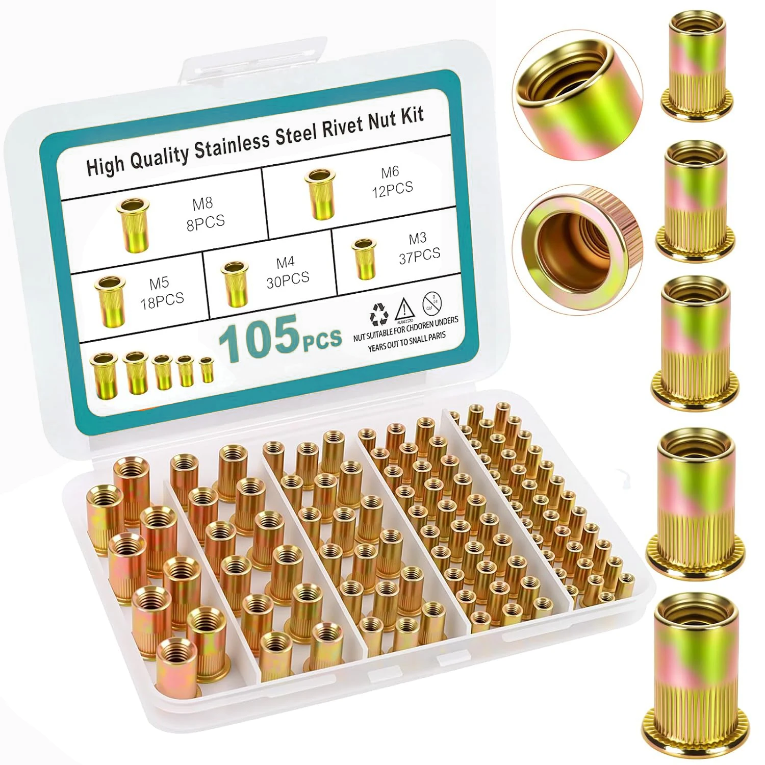 

105 pieces of 304 stainless steel rivet nuts, M3, M4, M5, M6, M8 flat-head rivet nuts set