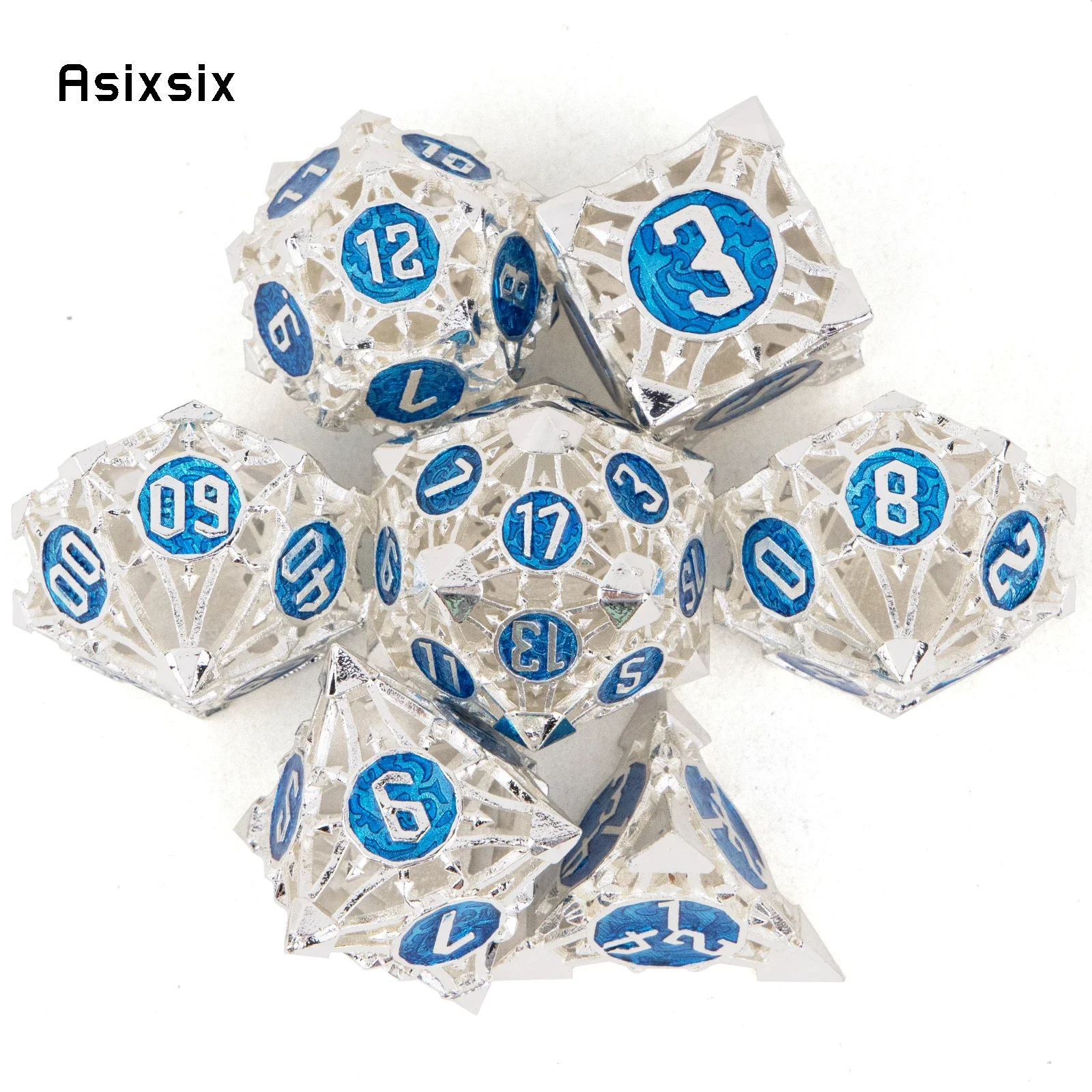 

7 Pcs Silver Blue Metal Dice Hollow Metal Polyhedral Dice Set Suitable for Role-Playing RPG Board Game Card Game