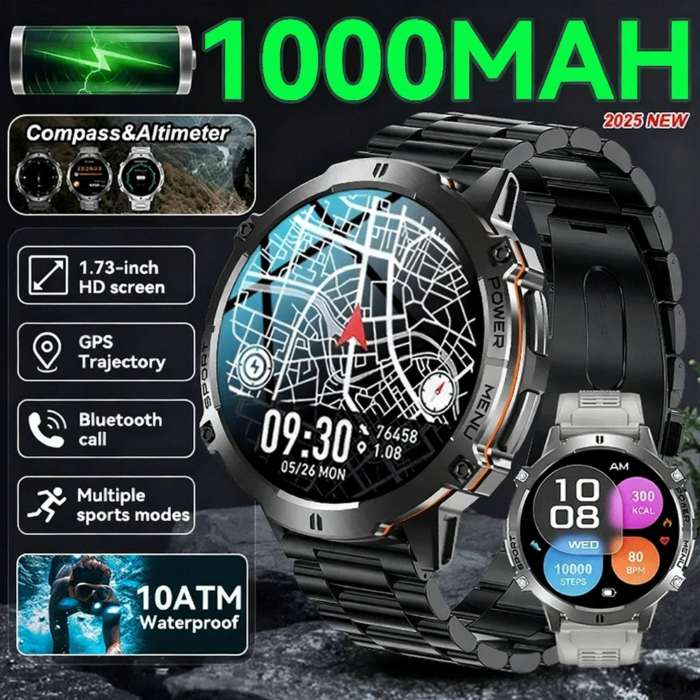 

Новые военные смарт-часы TRE X3 2026 года с аккумулятором 1000 мАч, экраном 1,73 дюйма, водонепроницаемостью 5ATM, GPS, альтиметром, Bluetooth-звонками для мужчин