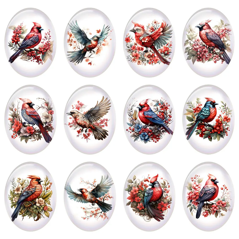 10pcs/lot Christmas X-mas Winter Bird Flower Oval Photo Glass Cabochon Flatback Demo Flat Back Cameo For Diy Jewelry Making