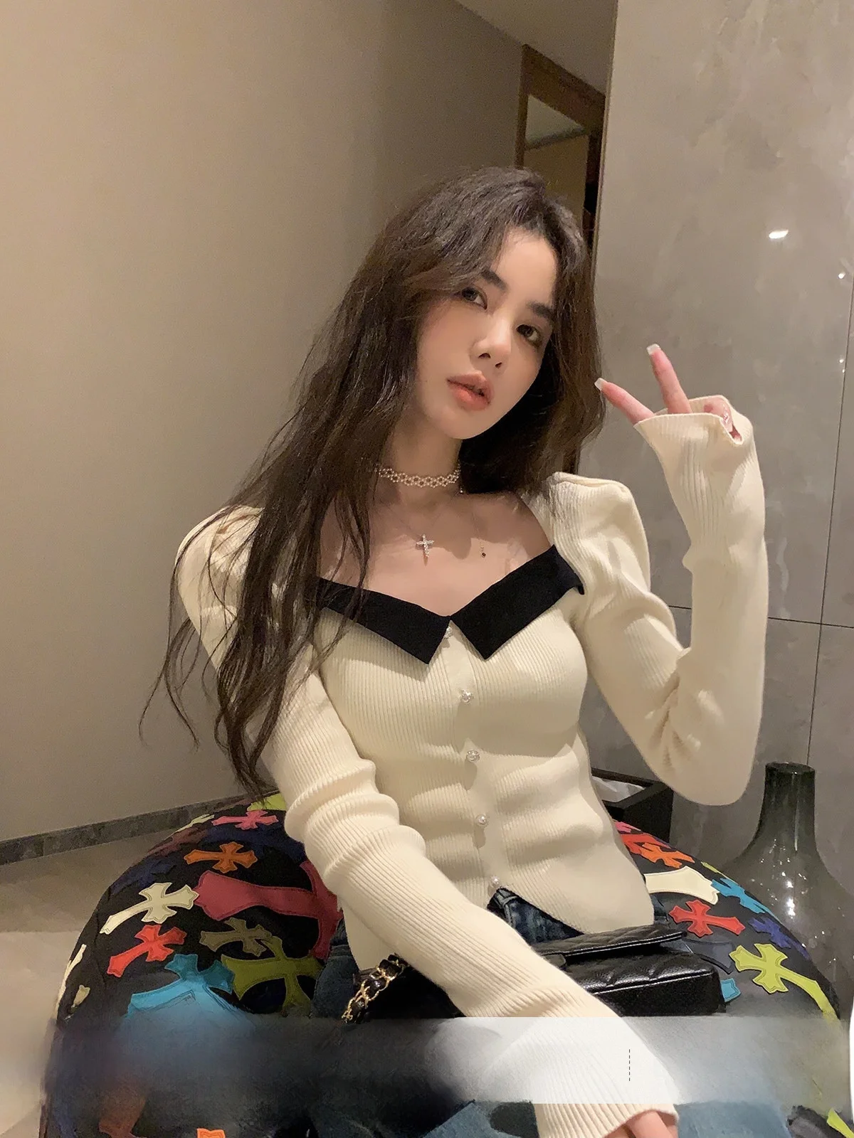 

Разноцветный повседневный женский вязаный свитер с V-образным вырезом, длинными рукавами, облегающий, базовый слой, осень-зима, новинка