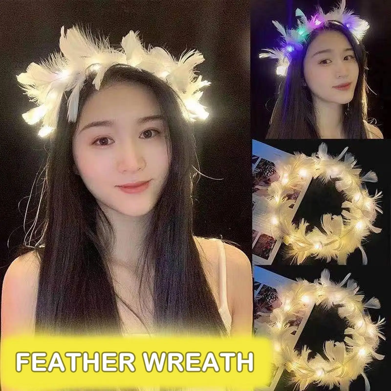 LED Feather Wreath Crown Headband Neon Angel Halo Headband Luminous Headdress For Women Girls Wedding Christmas Glow Party