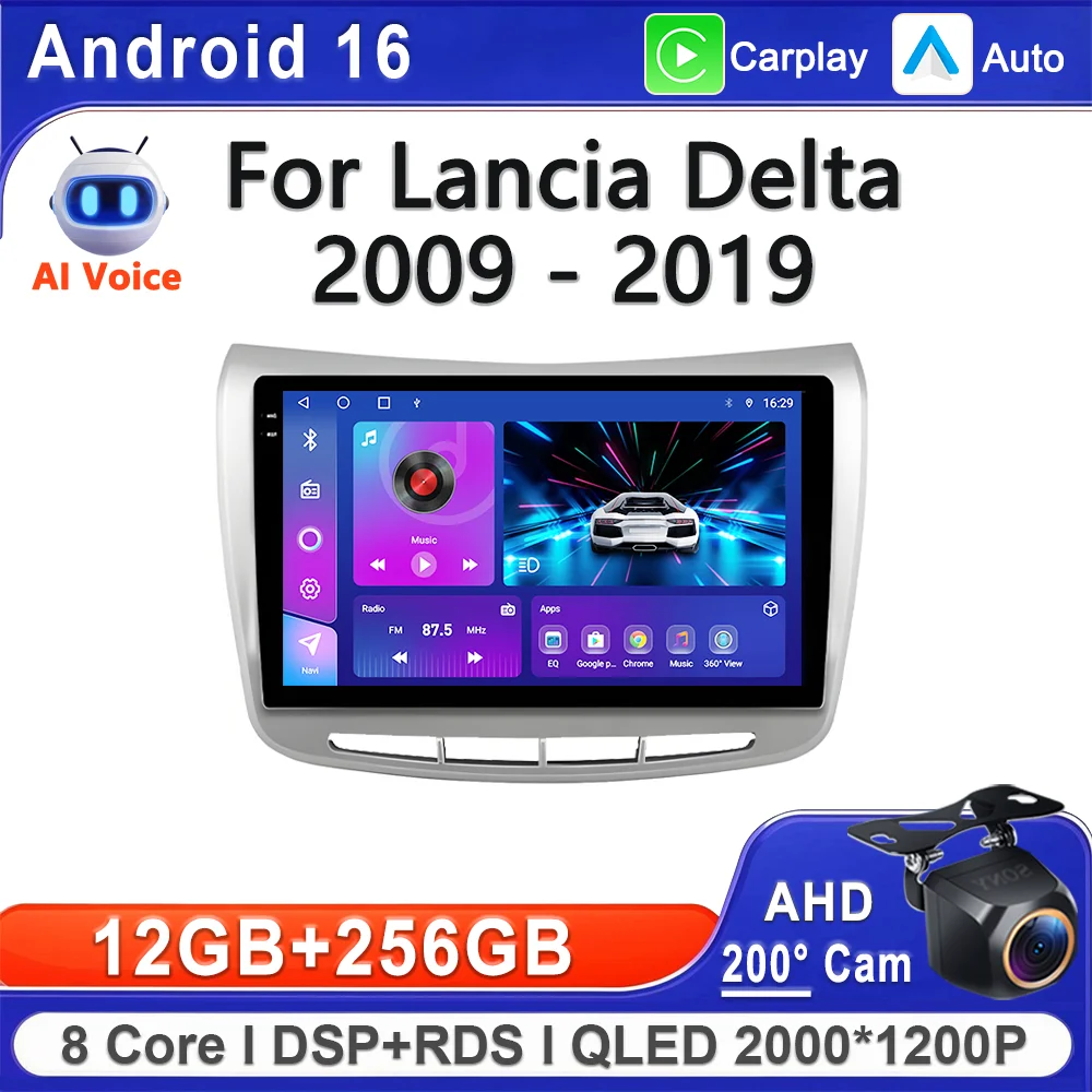Android 16 2K Incell Screen Multimedia Stereo For Lancia Delta 2009 - 2019 Plug and Play Dash Cam High-performance CPU wifi HDR