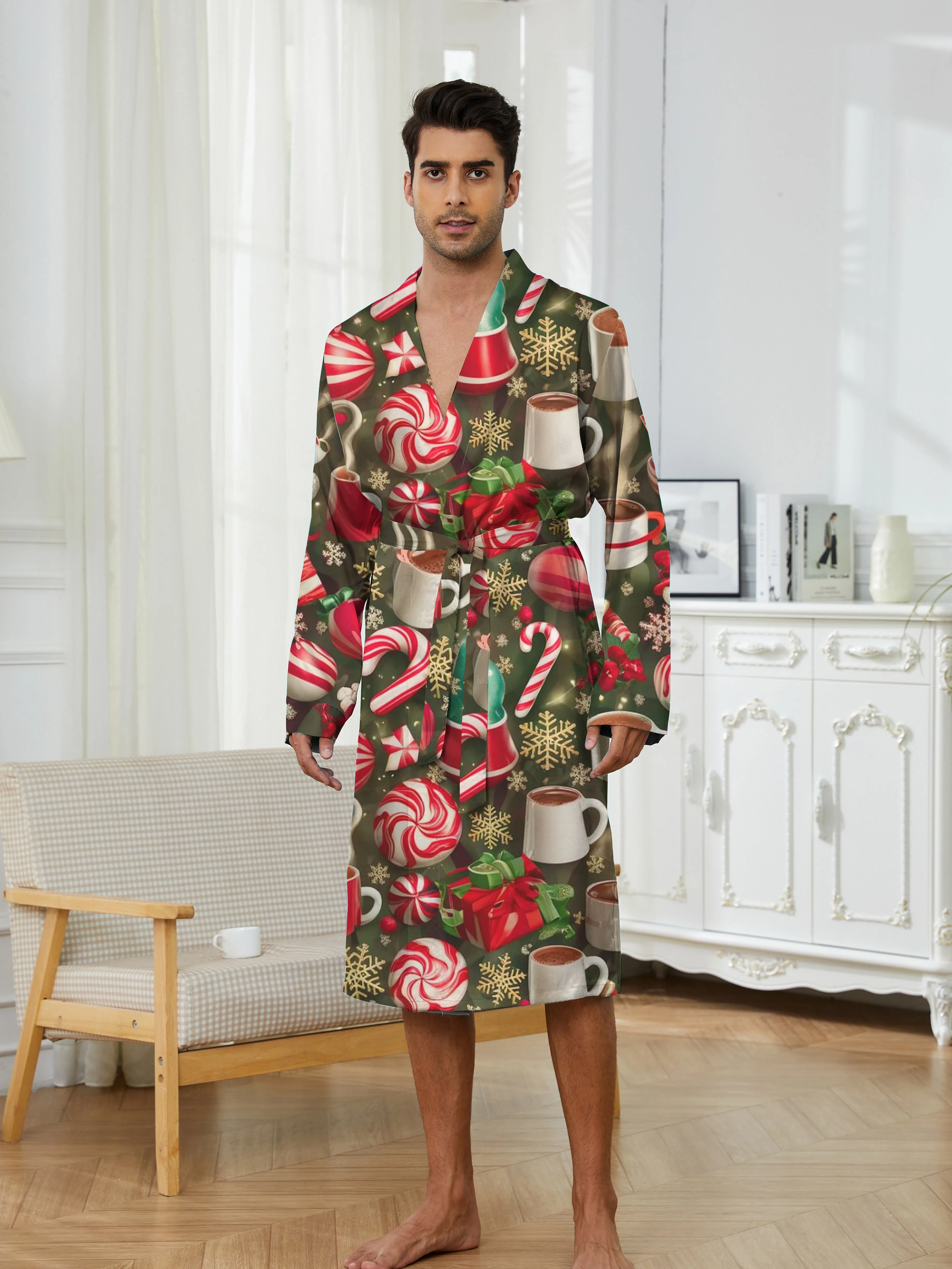 3D Digital Printed Christmas Candy Element Quick Drying Men's Fun Pajamas, Spring and Autumn Men's Home Casual Robes